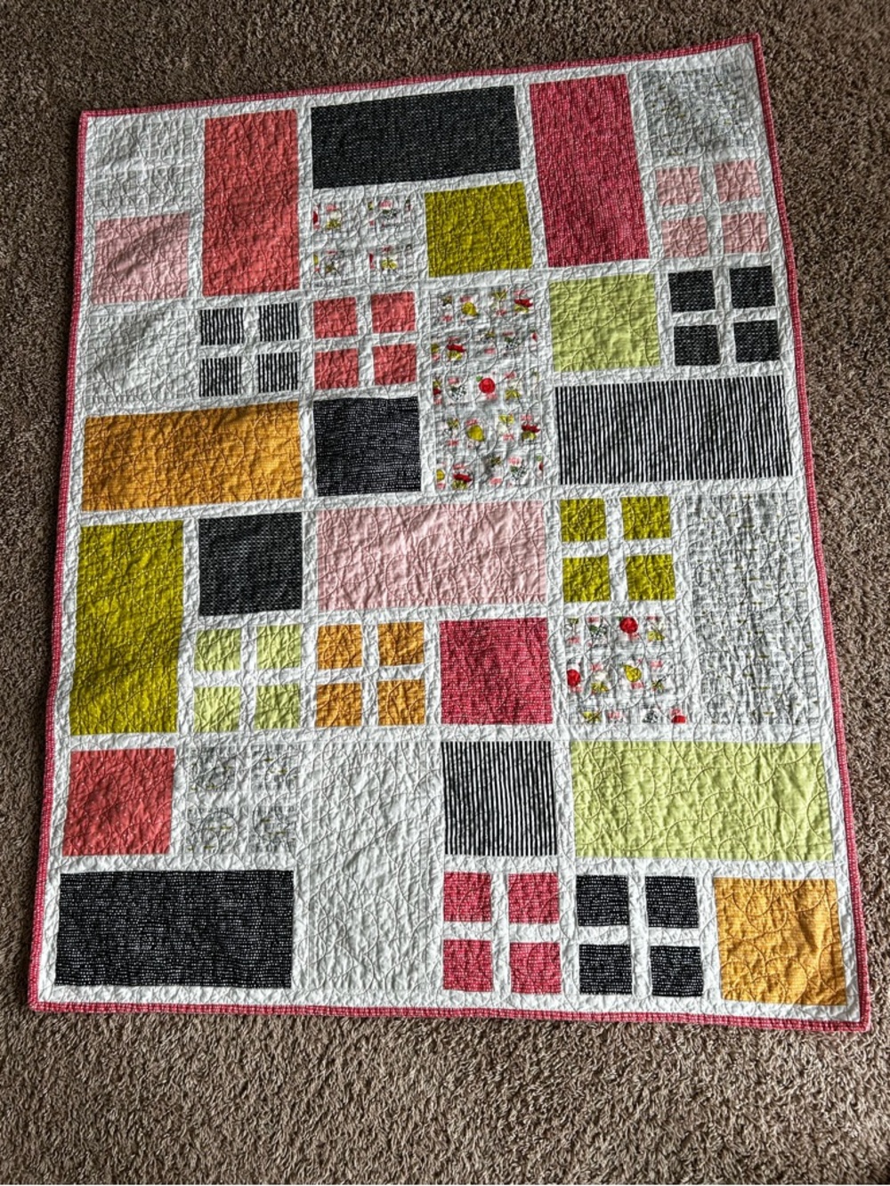 Lap or wheelchair Patchwork Quilt in Pink, Yellow, Black & Cream
